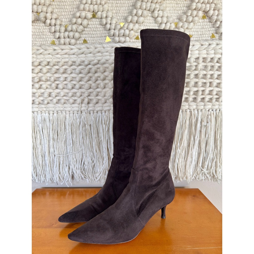 90s Vintage Donald J. Pliner Collection Brown Suede Sock Kitten Heel Boots 8.5